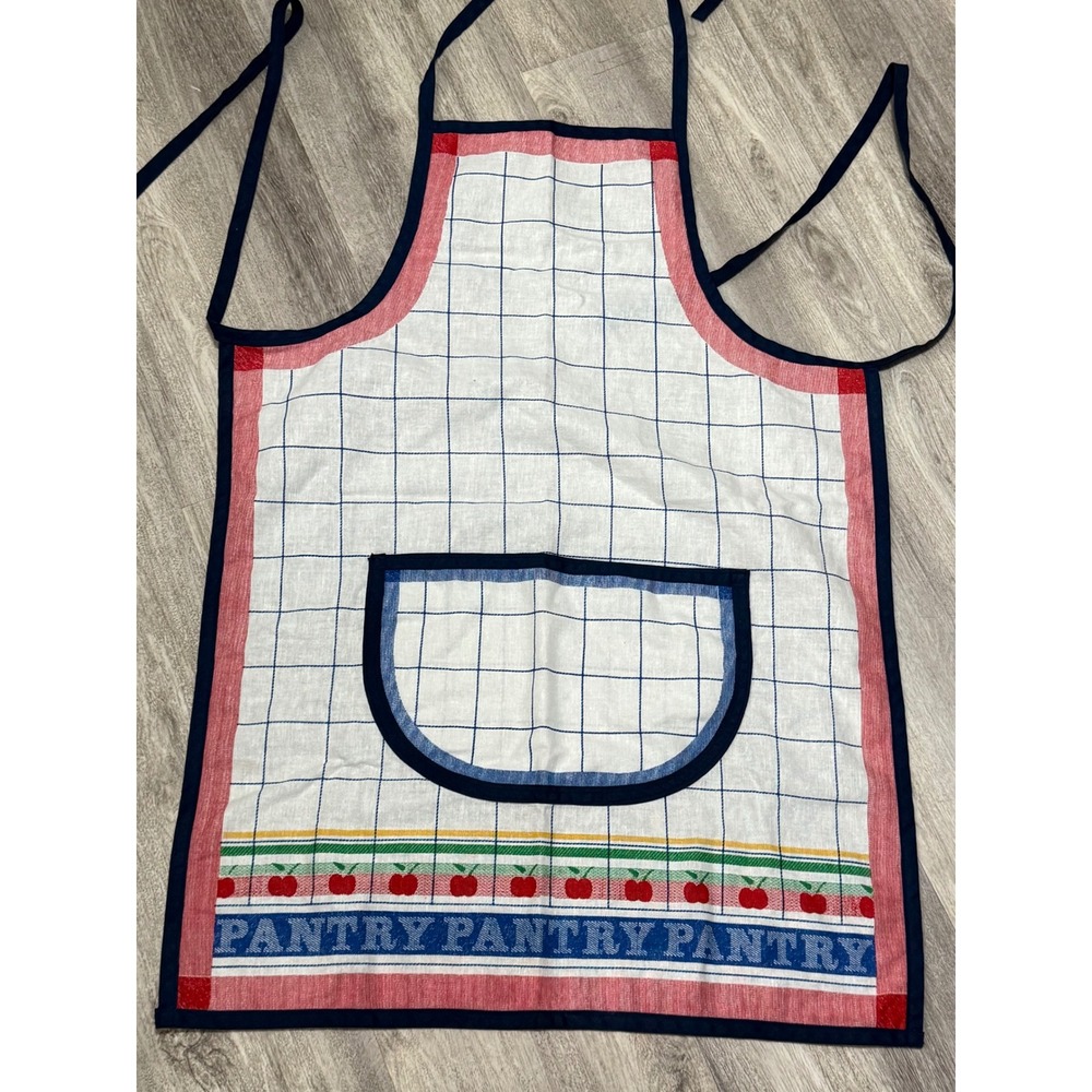 Vintage Pantry Kitchen Apron Red Apple Cherry Blue Gingham Pocket Baking Cooking